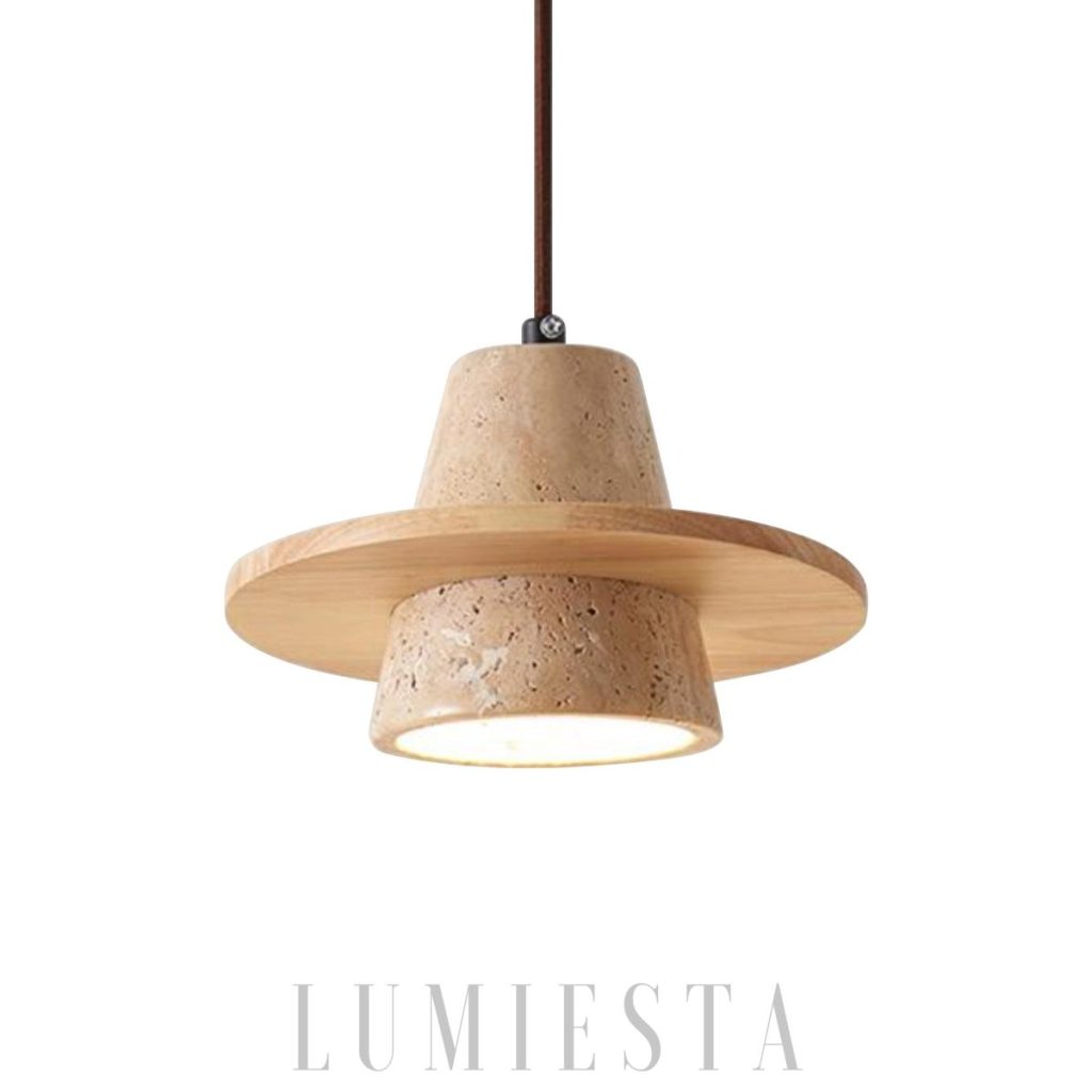 Lampa wisząca z trawertynu i drewna Conical - widok głównego klosza