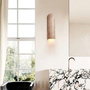 Minimalistyczny kinkiet Lina z trawertynu beżowy 10x35 cm