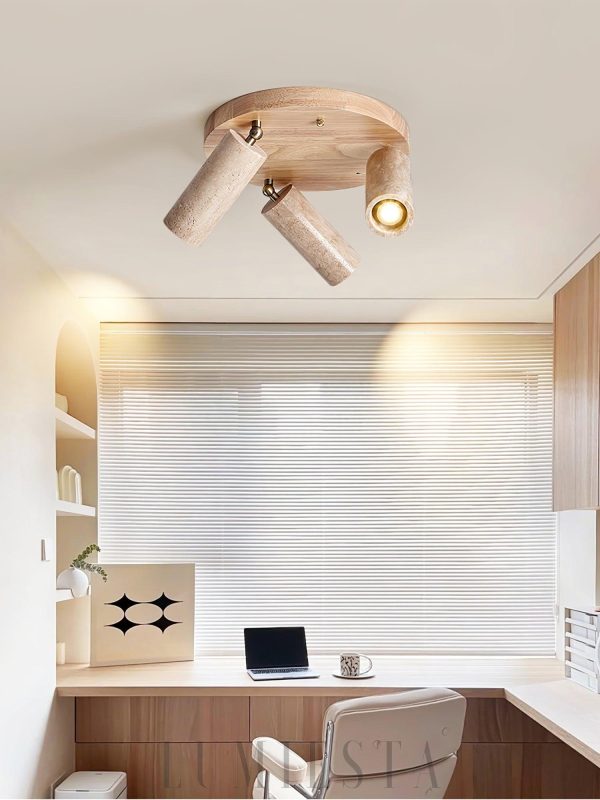 Cylindryczna lampa sufitowa z travertynem i drewnem 17cm