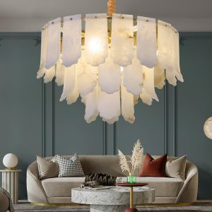 Elba - Stylowa lampa wisząca Alabaster, mosiądz i biały