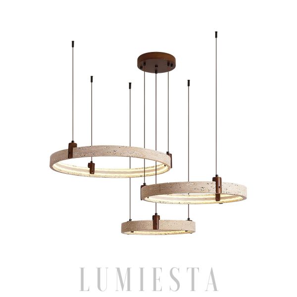 Luksusowy okrągły pierścieniowy żyrandol z naturalnego trawertynu i drewna, 2/3 okręgi