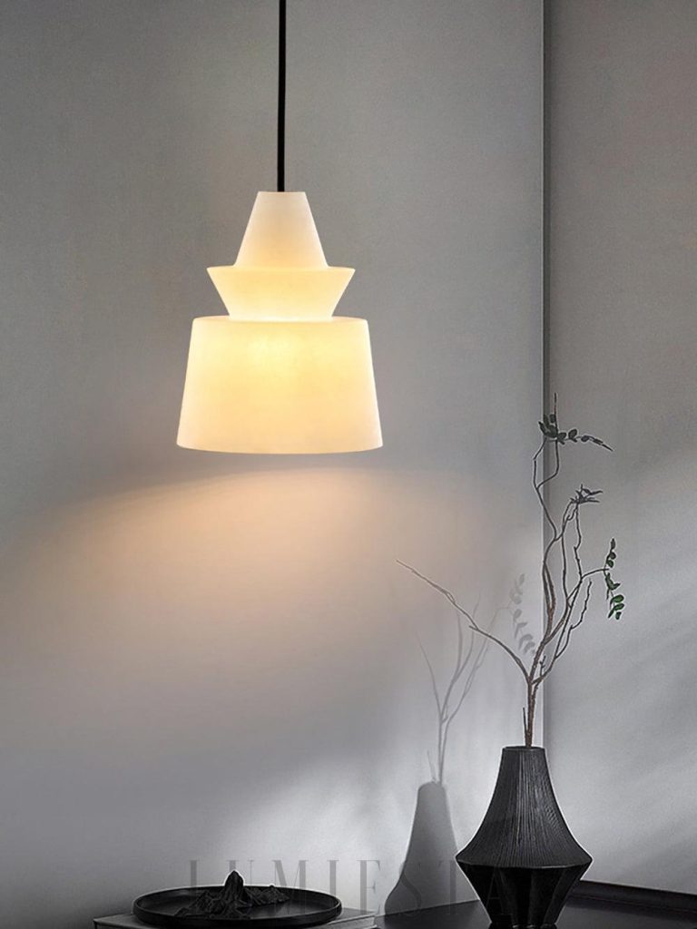 Nowoczesna lampa wisząca z alabastru Ø18 cm, biała - podświetlony alabaster i metalowe mocowanie