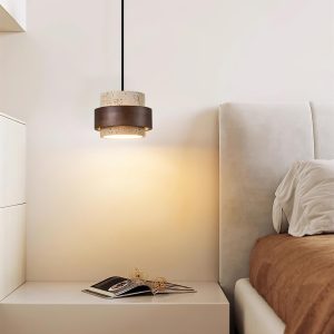 Stonova - Lampa wisząca cylinder z naturalnego trawertynu i drewna, 4 wielkości, skandynawska