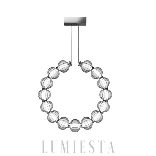 Srebrna okrągła lampa wisząca ze szkła i metalu Amulet B, widok od frontu