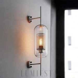 Kinkiet ścienny szklany z sitkiem mosiężnym skandynawski — elegancki design z przezroczystym abażurem