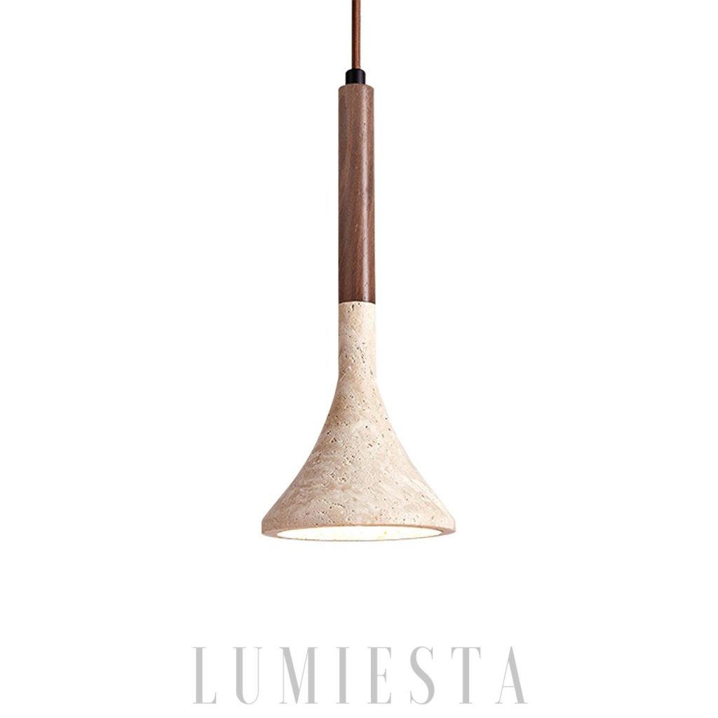 Lampa wisząca trawertyn beżowa Aplomb - minimalistyczna forma z drewna i kamienia