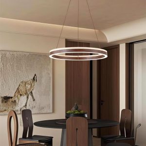 Solaro - Okrągły żyrandol z trawertynu lampa wisząca beżowy okrągła z drewnem nad stół