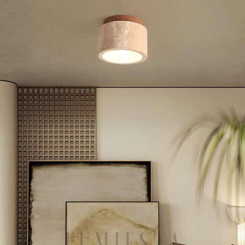Kyoto - beżowa lampa sufitowa z trawertynu z widoczną fakturą kamienia