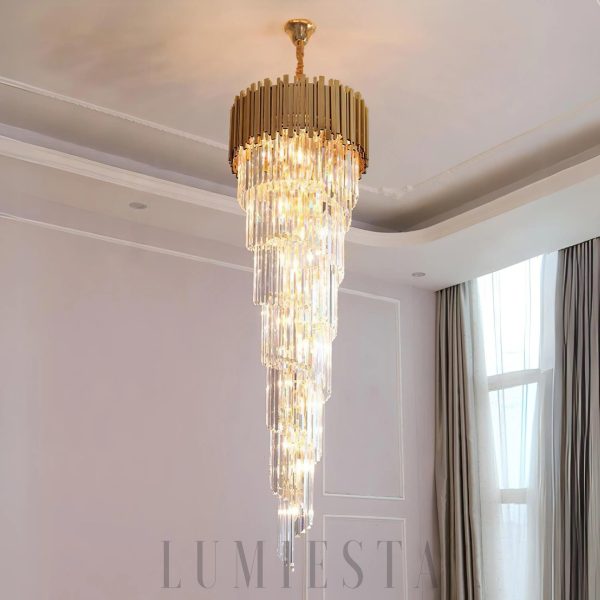 Lampa wisząca Bourbons Louis - dwupoziomowy układ kryształowych pasm na złotej ramie