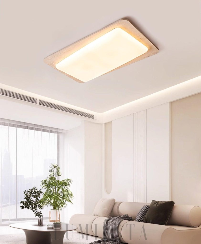 Prostokątny plafon z trawertynu - widok boczny eleganckiej oprawy