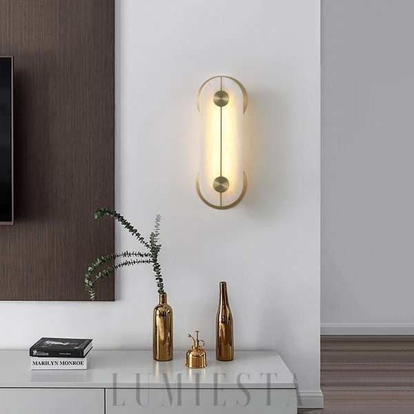 Kinkiet owalny z alabastru biały złoty elegancki