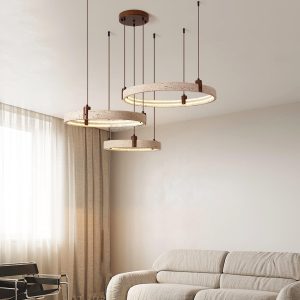 Luksusowy okrągły pierścieniowy żyrandol z naturalnego trawertynu i drewna, 2/3 okręgi