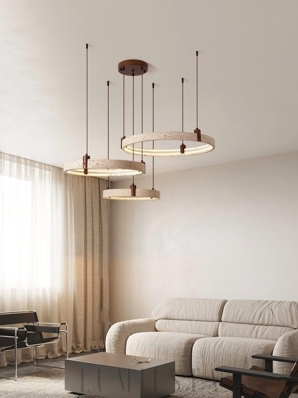 Luksusowy okrągły pierścieniowy żyrandol z naturalnego trawertynu i drewna, 2/3 okręgi