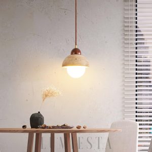 Półokrągła lampa wisząca z travertynu i beżowego szkła