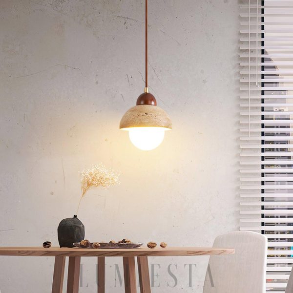 Półokrągła lampa wisząca z travertynu i beżowego szkła