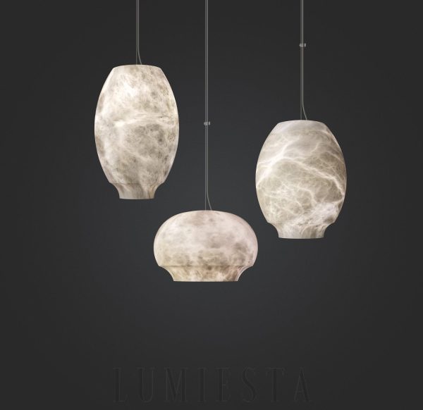 Camille - lampa wisząca z alabastru i metalu, boczny widok klosza Ø 27 cm