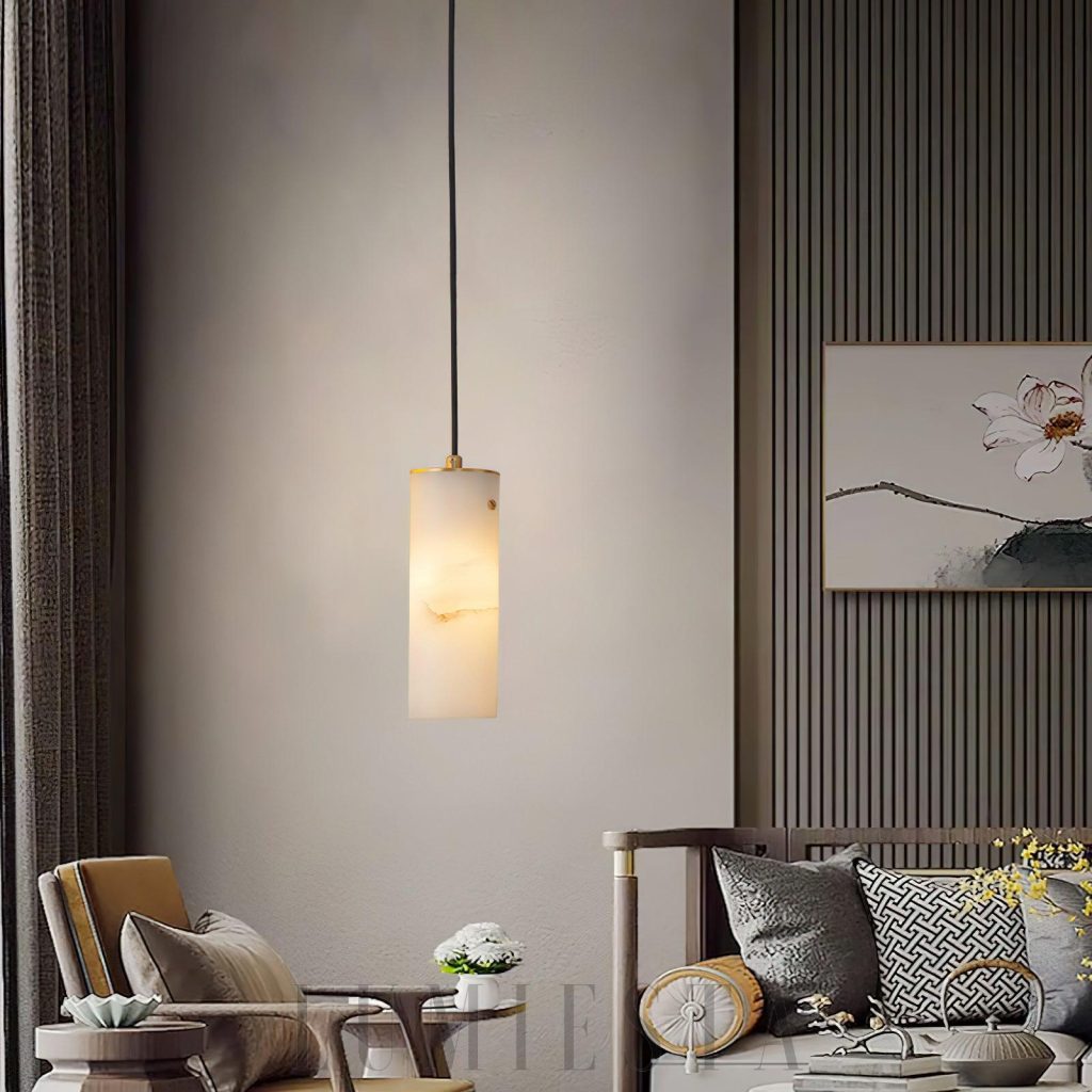 Nula - biała lampa wisząca alabastrowa z detalem metalowego zawieszenia