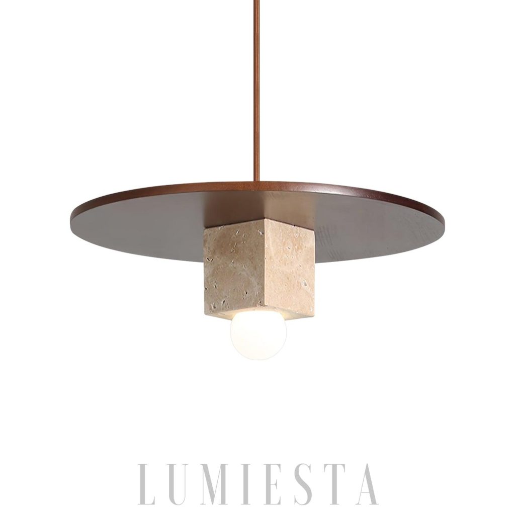 Beżowa lampa wisząca z trawertynu i drewna Iona - widok głównego modelu