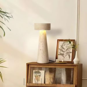 Elegancka stożkowa lampa z naturalnego trawertynu, beżowa, 12x30 cm