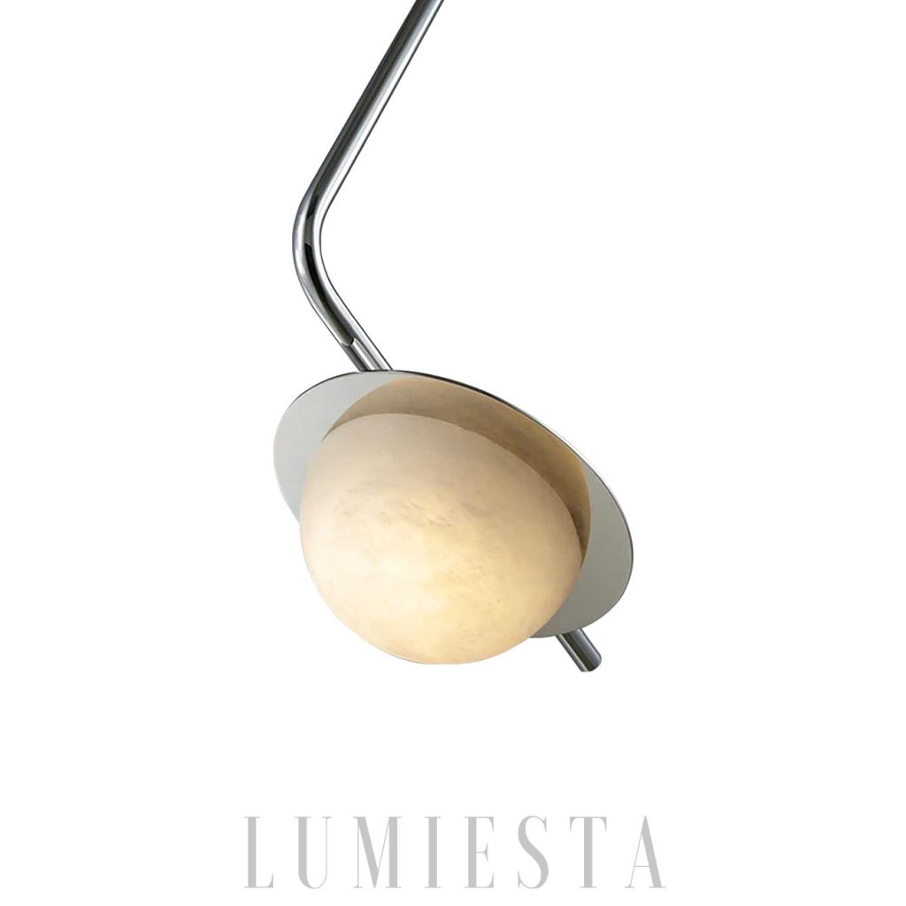 Lampa wisząca alabaster biała chrom — kula z białego kamienia na stalowym zawieszeniu
