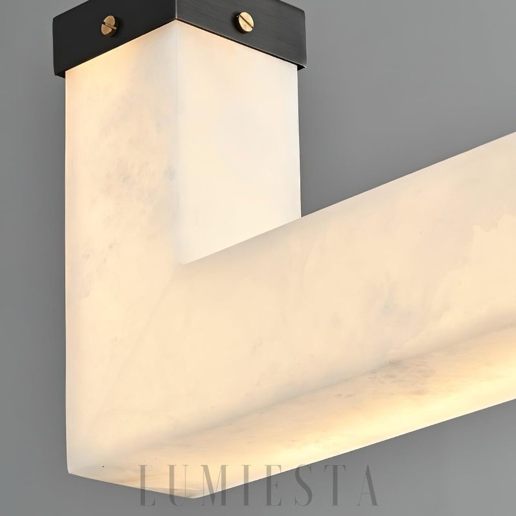 Lampa wisząca alabastrowa linearna biała Axis - detale metalu i alabastru