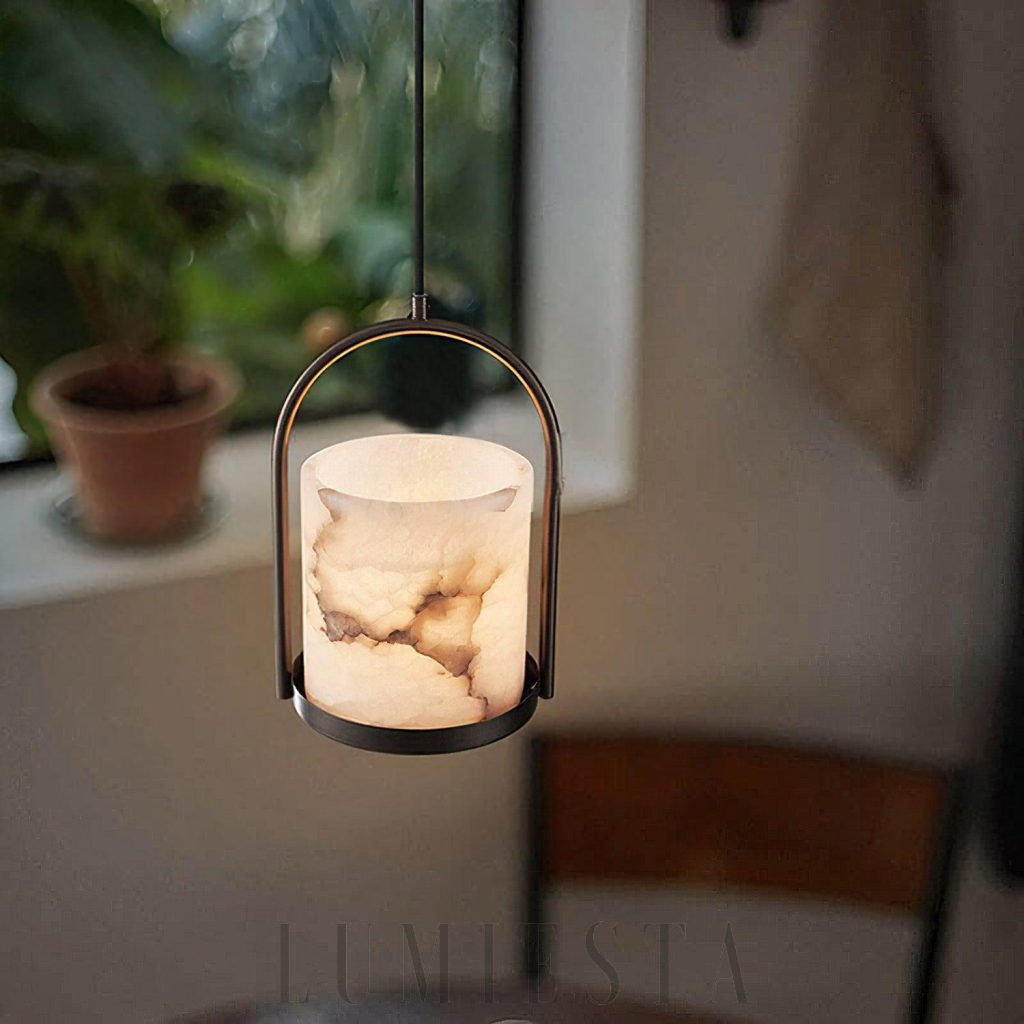 Lampa wisząca marmurowa cylindryczna - cylindryczny klosz z marmuru i szkła