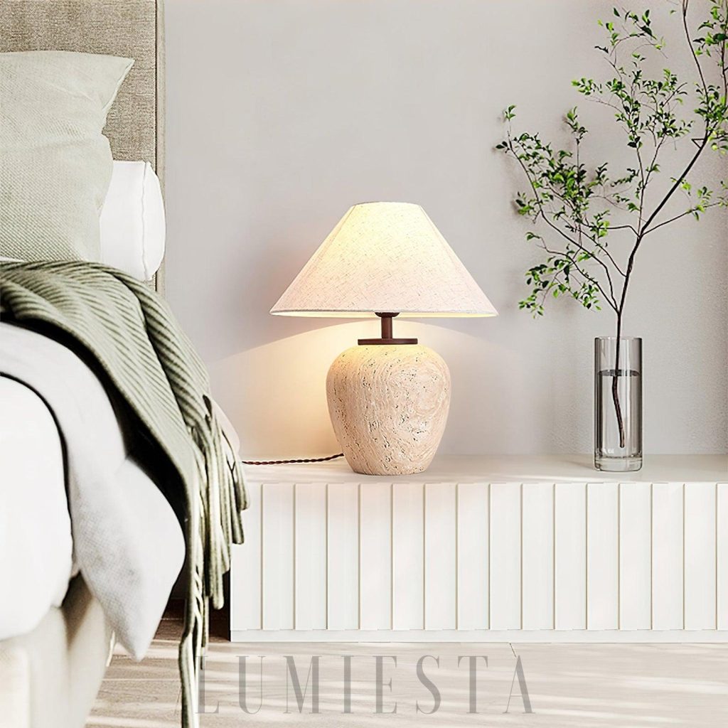 Aoji - beżowa lampa stołowa z kamienia, szeroka misa na smukłej podstawie