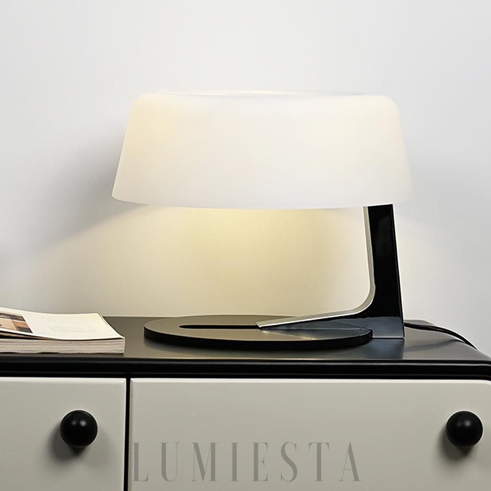 Comete - lampa stołowa biała z alabastru na metalowej podstawie, widok z boku