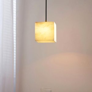 Lampa wisząca kwadratowa z alabastru biało-złota 12cm
