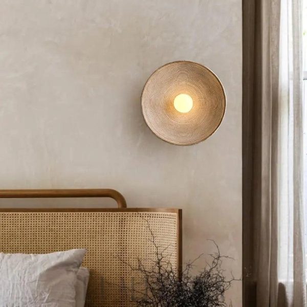 Kinkiet okrągły drewniany beżowy, lampa ścienna z efektem łuku w stylu skandynawskim
