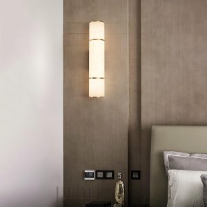 Lampa ścienna cylindryczna alabastrowa, biała, złota - Kinkiet długość 26/40/58cm