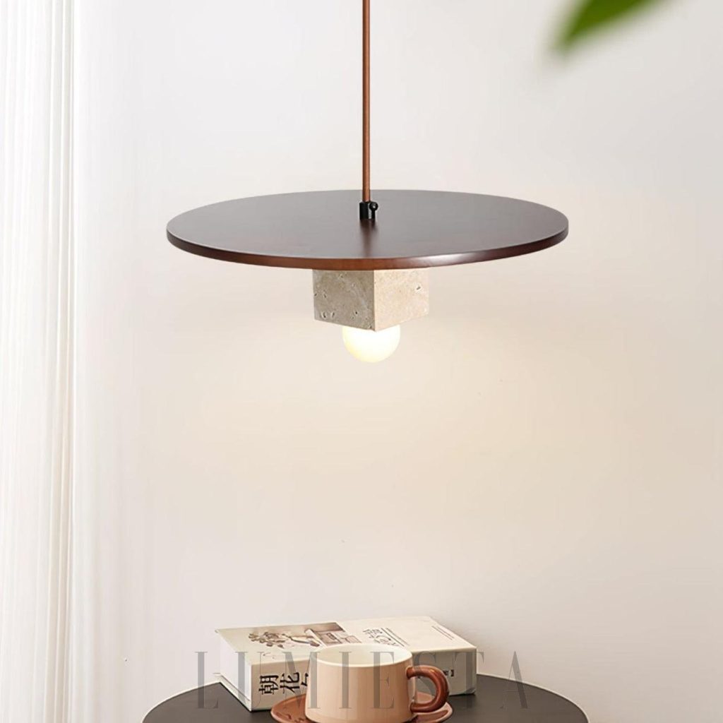 Iona - beżowa lampa wisząca 30 cm z trawertynu i drewna, bok korpusu