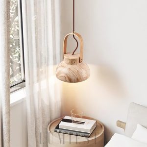 Lampa wisząca Nissa trawertyn beżowy z drewnianym uchwytem