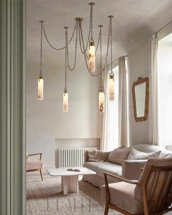 Luksusowy żyrandol kopuła z alabastru na łańcuchu do salonu