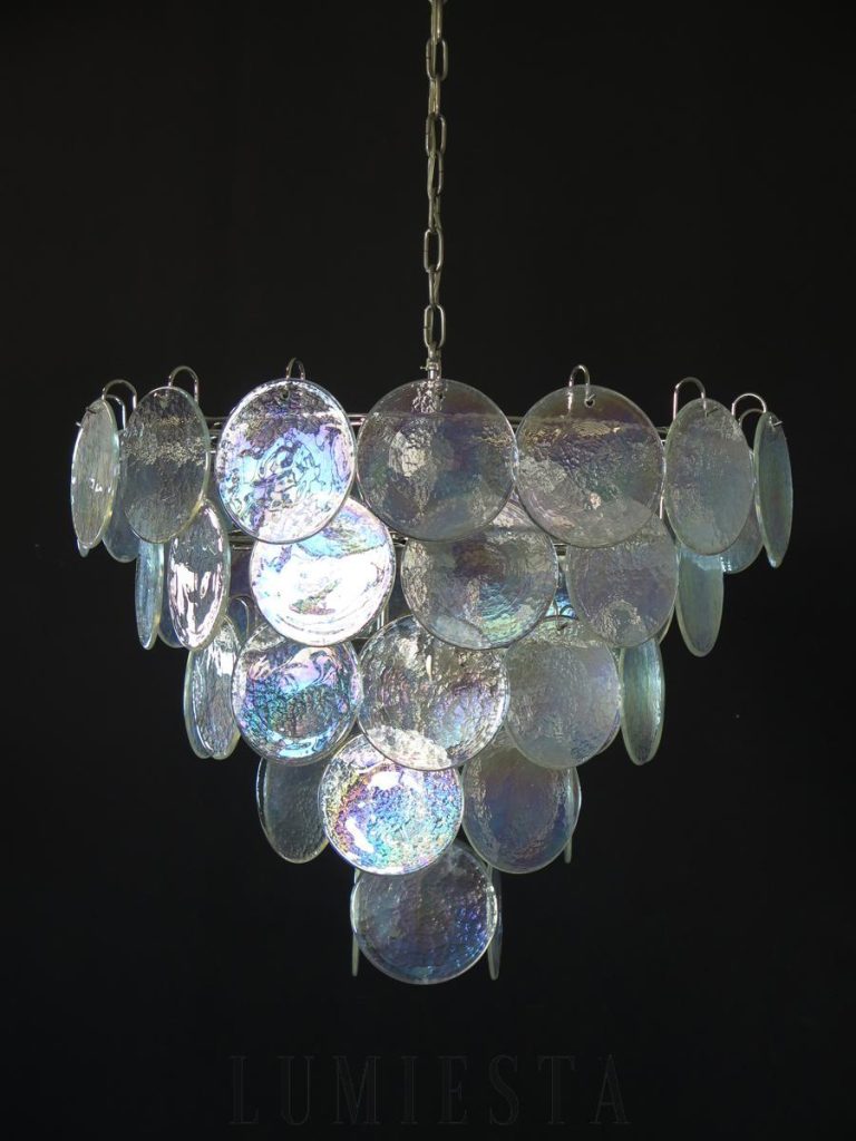 Żyrandol Murano w kształcie dysku 70 cm - widok od przodu z iryzującym szkłem