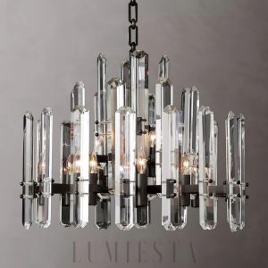 Primrose - okrągła lampa wisząca z mosiądzu i szkła, detal szklanych elementów