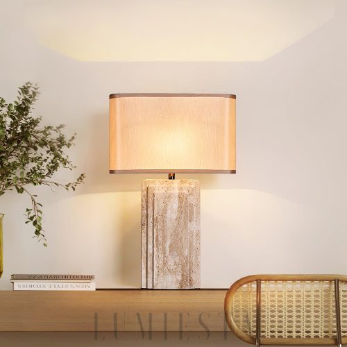 Prostokątna lampa stołowa z trawertynu beżowa, 40x62 cm, z prostokątnym kloszem z tkaniny