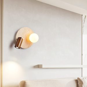 Lunara Duo okrągła lampa ścienna z trawertynu w kolorze orzechowym, 2 punktowa, nowoczesny kinkiet