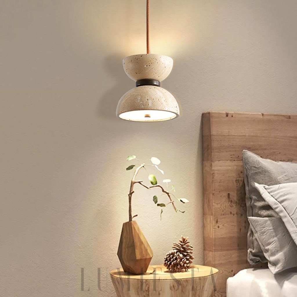 Randolf - wisząca lampa travertynowa 15 cm, widok boczny z cylindrycznym kloszem