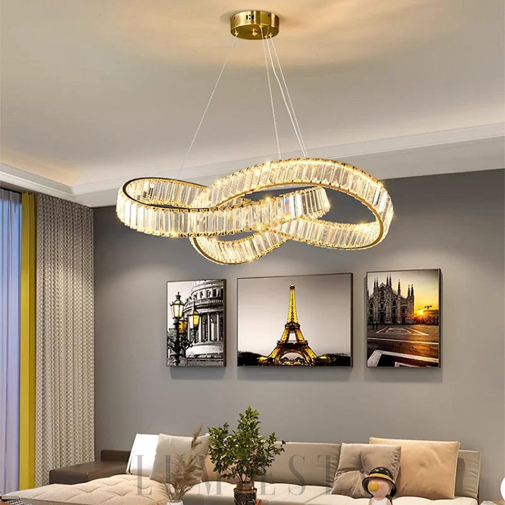 Luminosa - lampa wisząca okrągła ze złotymi kryształami, widok od dołu z obręczą