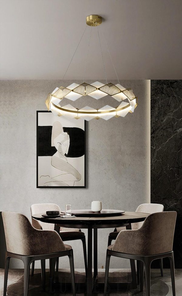 Portland - Żyrandol diamentowy okrągły, mosiądz i alabaster