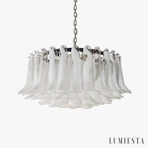 Lampa wisząca z białego jadeitu i niklu Albero nad stołem, nowoczesna forma z miękkimi, jasnymi kloszami