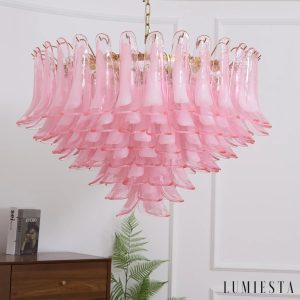 Altair - złota lampa wisząca glamour z różowym szkłem, widok od dołu
