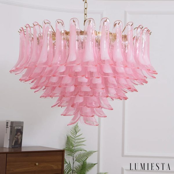 Altair - złota lampa wisząca glamour z różowym szkłem, widok od dołu