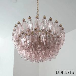 Lumiesta Amalfi - Lampa wisząca glamour, złota z różowym kloszem do salonu, Ø57×33 cm