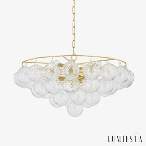 Złoty żyrandol szklany glamour Angolo do salonu, bursztynowe szkło i forma Ø60/80 cm