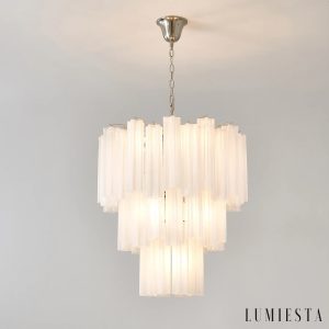 Anima - biała lampa wisząca ze szkła i metalu, profil boczny