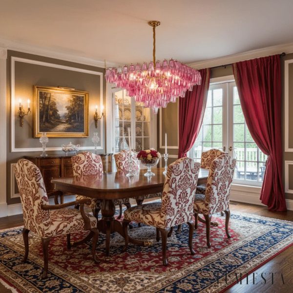 Lampa wisząca metalowa różowa glamour Aosta, Ø100 cm, nad stołem