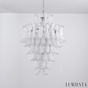 Apollo - lampa wisząca niklowa z białymi szklanymi kloszami, widok boczny