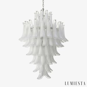 Apollo — lampa metal wisząca nowoczesna z białym szkłem, nikielowa konstrukcja na białym tle